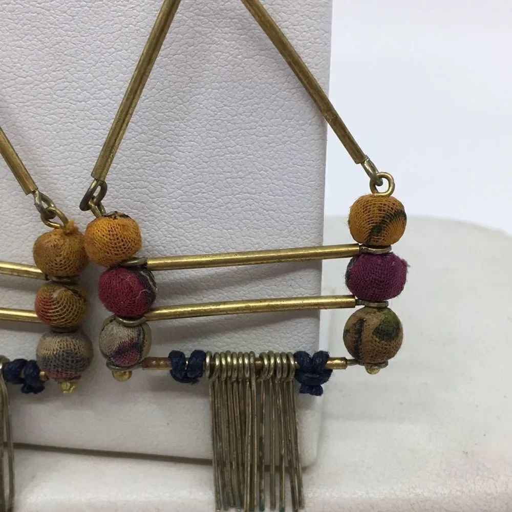Indian Dangly Triangle Boho Earrings Made of recycled Saris! - Picture 2 of 11